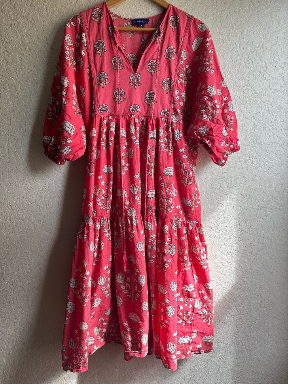 Ro's Garden Cotton Resortwear Pink Flower Print Split Neck Dress Size M